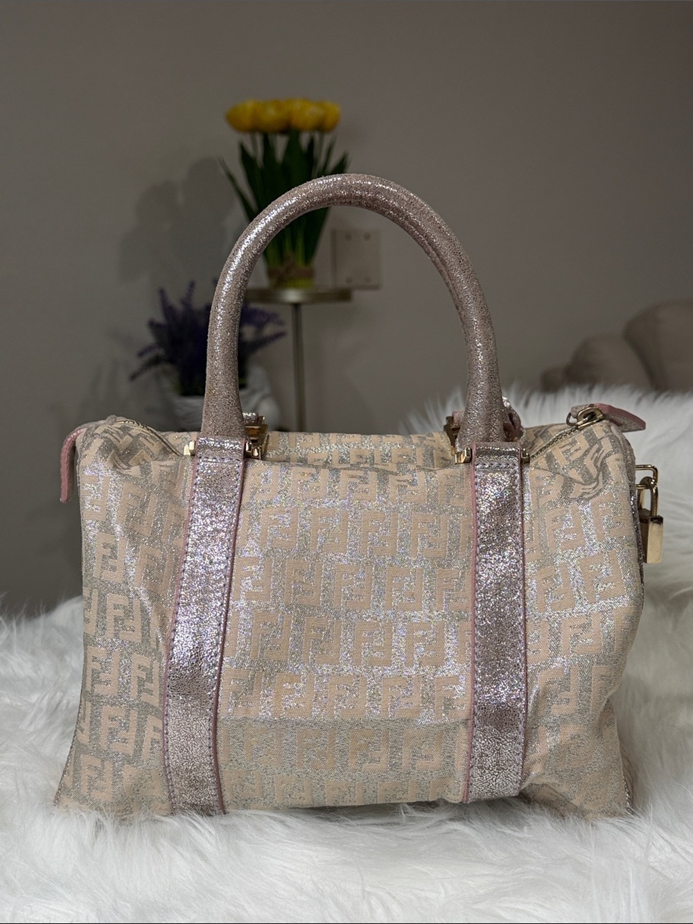 Fendi Zucchino Forever Bauletto Boston Bag Pink Silver Glitter
